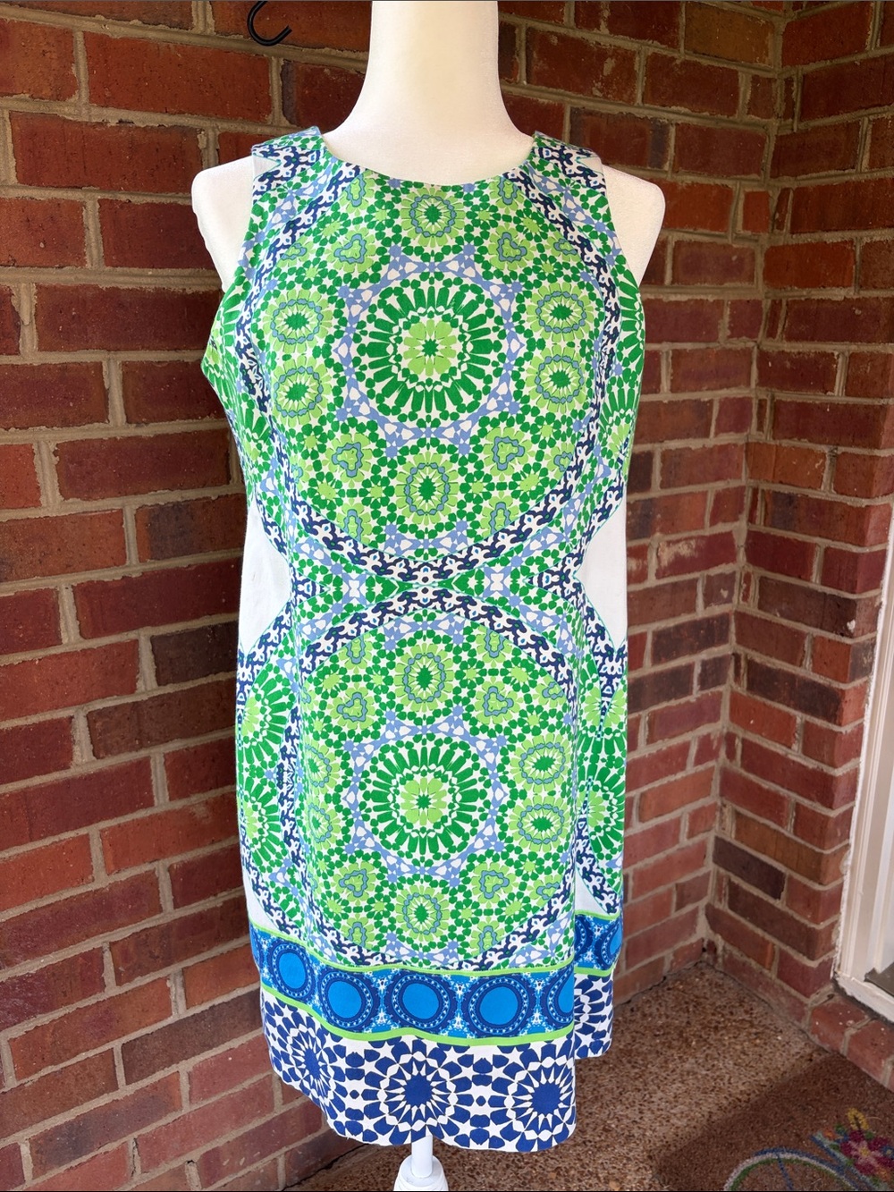 London Times Green and Blue Printed Sleeveless Shift Dress